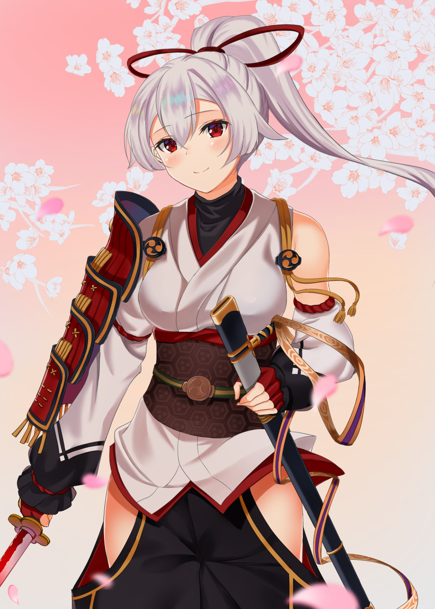 1girl absurdres armor black_pants blush breasts detached_sleeves fate/grand_order fate_(series) fingerless_gloves floral_background gloves hair_ribbon head_tilt highres holding holding_weapon japanese_armor japanese_clothes katana kimono kote long_hair looking_at_viewer obi obiage obijime pants ponytail red_eyes red_gloves ribbon sash saya_(scabbard) short_kimono shoulder_armor side_slit sode standing sword takenoko_27074918 tomoe_gozen_(fate/grand_order) tsuba_(guard) weapon white_hair