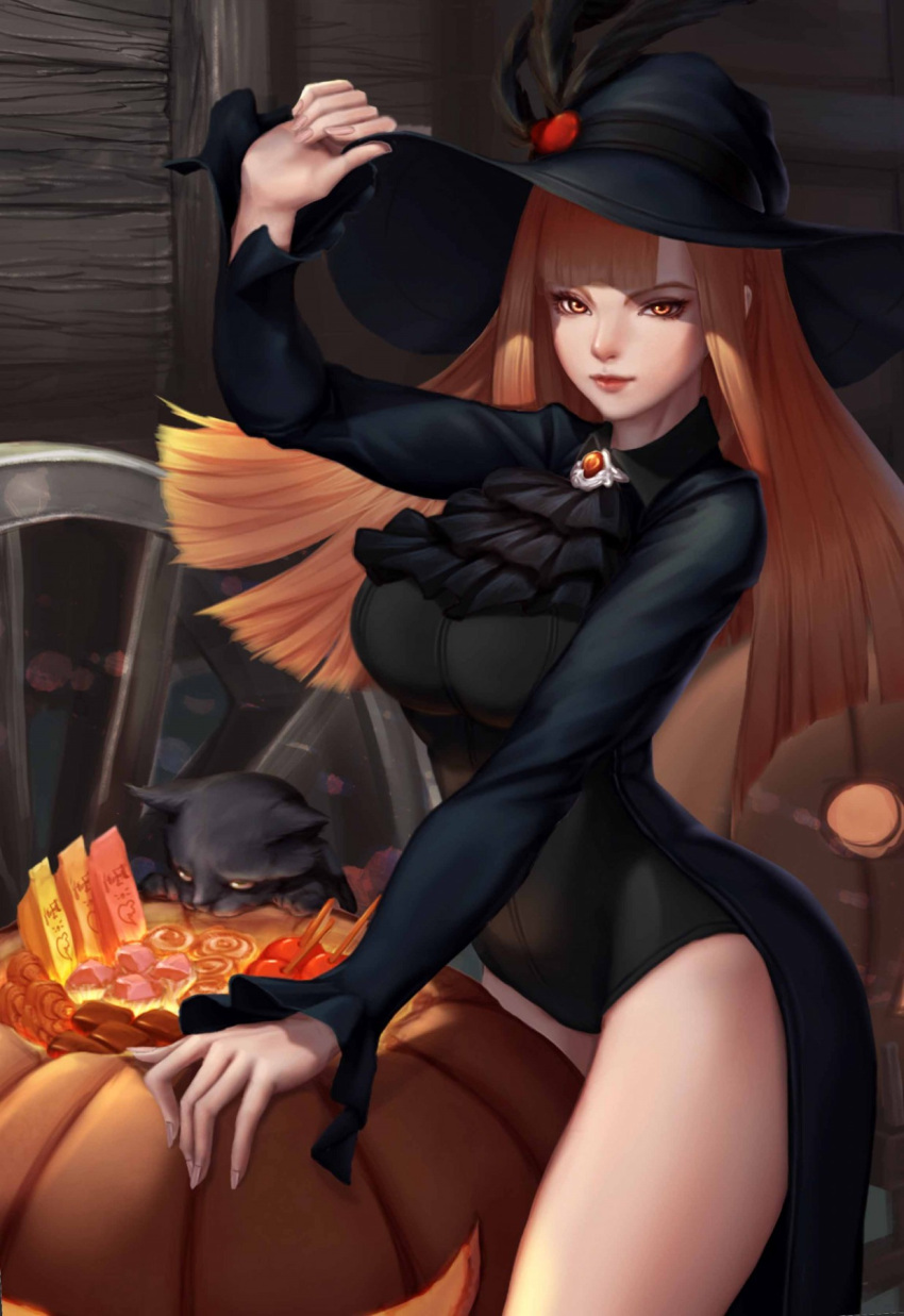 1girl azhang black_cat blonde_hair candy candy_apple cat food frilled_shirt_collar frills halloween hat hat_feather highres jack-o'-lantern lips long_hair looking_at_viewer original pumpkin solo witch witch_hat yellow_eyes