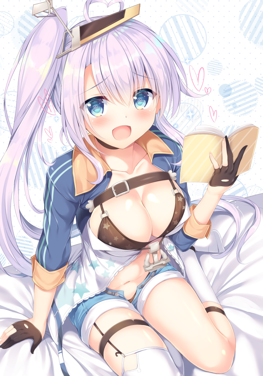 1girl :d ahoge azur_lane bed_sheet black_gloves blue_eyes book breasts cleavage collarbone commentary_request gloves highres holding lavender_hair long_hair looking_at_viewer navel open_mouth portland_(azur_lane) remodel_(azur_lane) short_shorts shorts side_ponytail sitting smile solo thigh-highs tomoo_(tomo) wariza white_legwear zettai_ryouiki