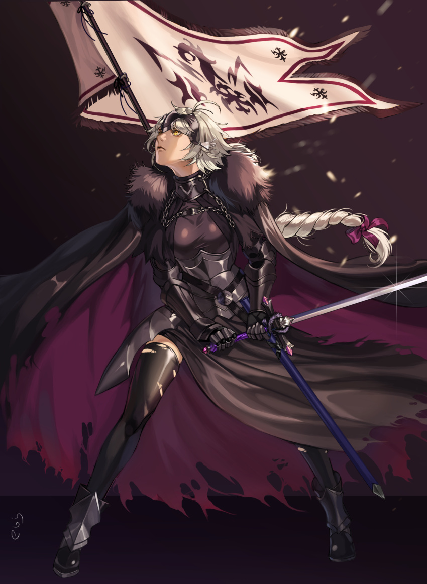 1girl ahoge armor banner black_cape black_dress black_legwear braid breasts cape chains dress ebiss06081 fate/grand_order fate_(series) faulds full_body fur_collar fur_trim gauntlets greaves hair_ornament headpiece highres holding holding_weapon janne_d'arc jeanne_alter jeanne_d'arc_(fate) jeanne_d'arc_(fate)_(all) jeanne_d'arc_(grimms_notes) legs_apart long_hair looking_away looking_to_the_side ruler_(fate/apocrypha) sheath standing sword thigh-highs torn_clothes torn_thighhighs weapon white_hair yellow_eyes
