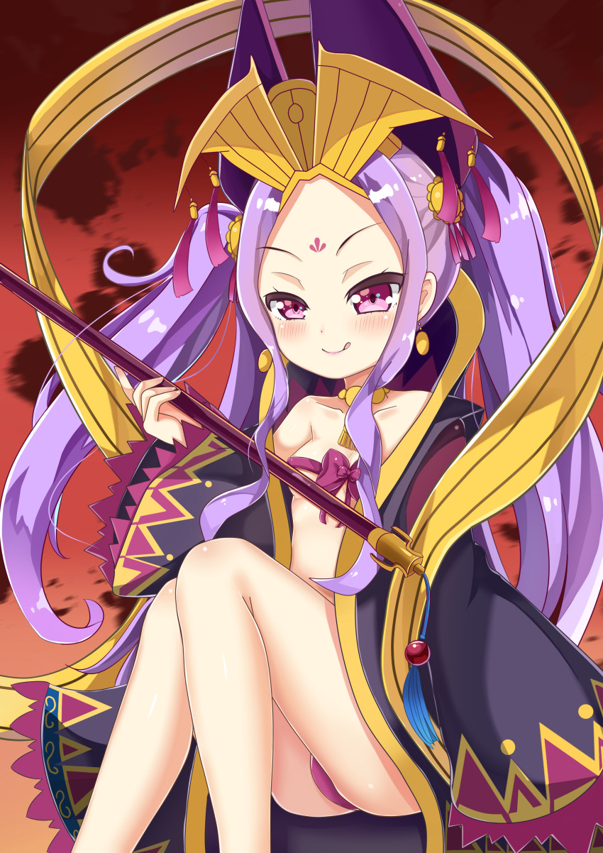 1girl :q absurdres bangs bare_shoulders blush bow breasts chinese_clothes closed_mouth collarbone commentary_request earrings fate/grand_order fate_(series) hanfu headdress highres jewelry ju_(a793391187) long_hair long_sleeves off_shoulder panties parted_bangs purple_bow purple_hair purple_panties purple_ribbon ribbon ribbon_bra sidelocks sitting sleeves_past_fingers sleeves_past_wrists small_breasts smile solo tongue tongue_out twintails underwear v-shaped_eyebrows very_long_hair violet_eyes wide_sleeves wu_zetian_(fate/grand_order)