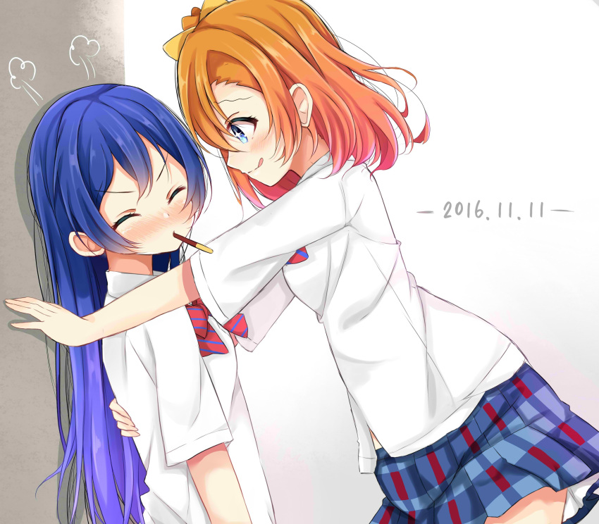 2girls absurdres bangs blue_eyes blue_hair blush bow bowtie closed_eyes commentary dated dorisu2 embarrassed eyebrows_visible_through_hair food from_side hair_between_eyes highres kousaka_honoka long_hair looking_at_another love_live! love_live!_school_idol_project mouth_hold multiple_girls one_side_up orange_hair otonokizaka_school_uniform plaid plaid_skirt pleated_skirt pocky red_neckwear school_uniform shirt short_sleeves skirt smile sonoda_umi striped_neckwear white_shirt