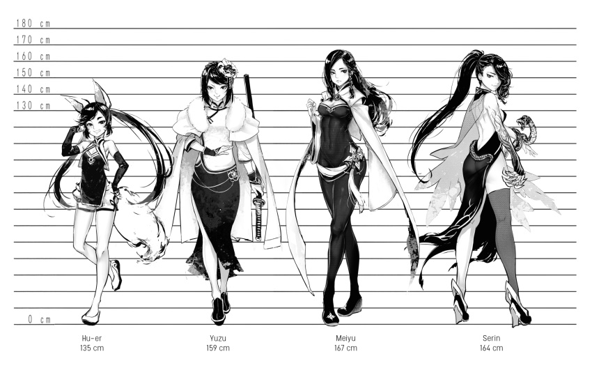 4girls animal_ears ass breasts china_dress chinese_clothes cleavage cloak commentary dress flats flower fox_ears fox_tail full_body hair_flower hair_ornament hair_over_one_eye height_chart high_heels highleg highleg_dress highres hu-er_(robot_cat) katana long_legs looking_at_viewer medium_breasts meiyu_(robot_cat) monochrome multiple_girls original pantyhose robot_cat serin_(robot_cat) sheath sheathed shorts side_ponytail side_slit single_thighhigh small_breasts snake sword tail tangzhuang thigh-highs weapon wide_sleeves yuzu_(robot_cat)