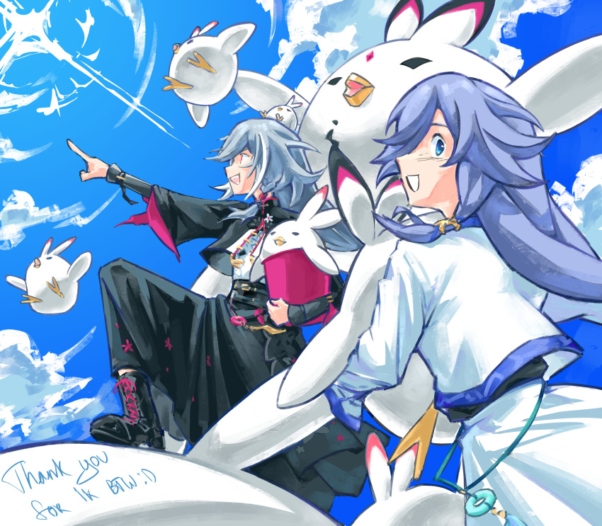 2girls :d absurdres bird black_jacket black_skirt blue_eyes blue_sky chicken chinese_clothes english_text eudaemonm fu_hua fu_hua_(herrscher_of_sentience) grey_hair hair_between_eyes hair_ornament highres holding honkai_(series) honkai_impact_3rd jacket long_hair long_skirt long_sleeves looking_at_viewer multicolored_hair multiple_girls open_mouth pointing pointing_up red_eyes skirt sky smile streaked_hair white_jacket white_skirt