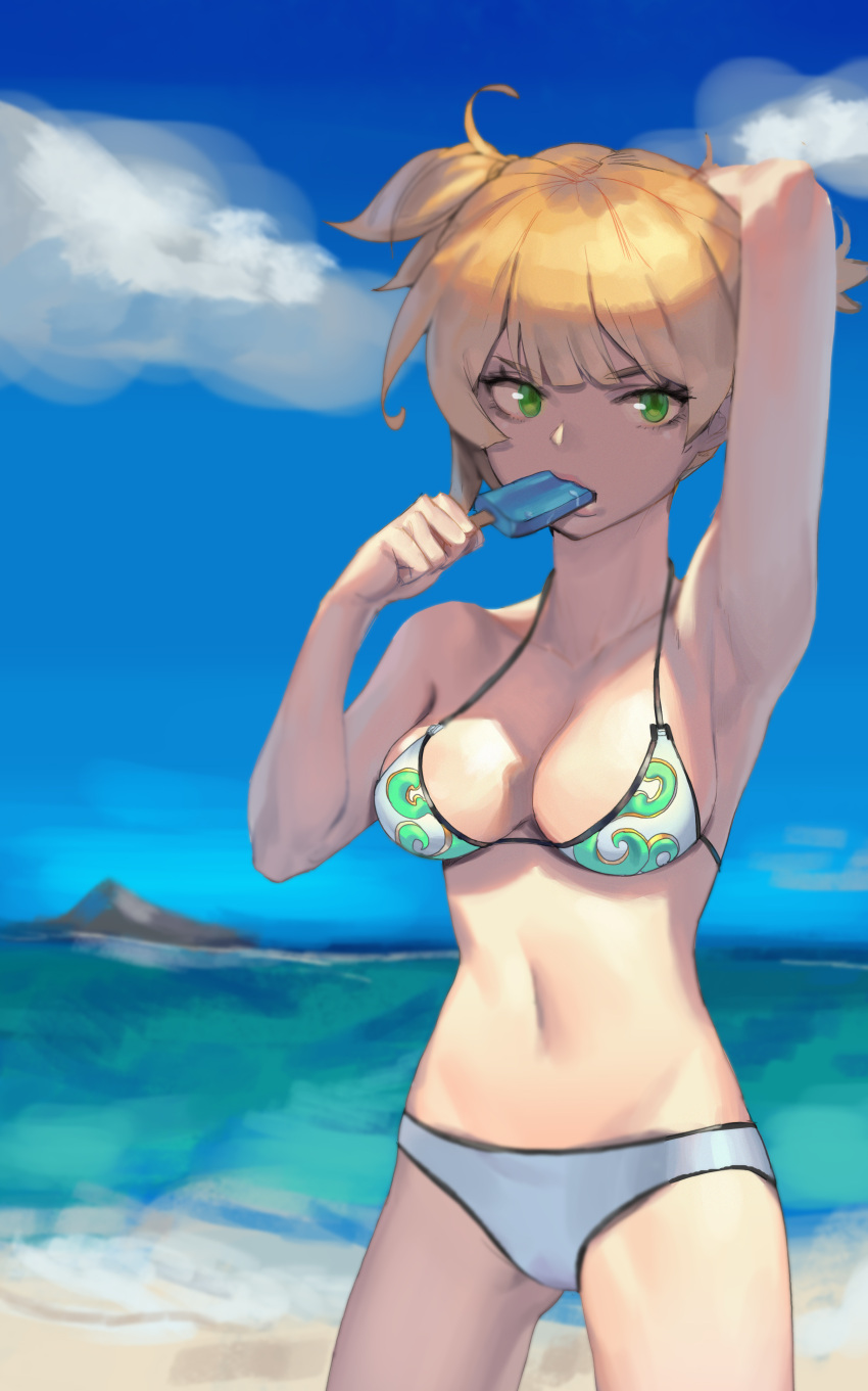 1girl absurdres arm_behind_head arm_up bare_shoulders beach bikini blue_sky breasts cleavage collarbone cowboy_shot day eating food girls_frontline green_bikini_top green_eyes highres holding holding_food horizon looking_at_viewer medium_breasts mismatched_bikini ocean outdoors popsicle romana short_hair sky standing swimsuit tsurime two_side_up water welrod_mk2_(girls_frontline) white_bikini_bottom