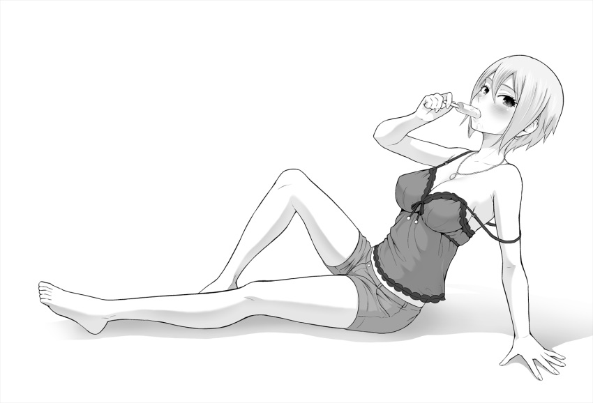 arm_support bare_arms bare_legs bare_shoulders barefoot blush breasts camisole casual cleavage collarbone earrings eating edogawa_roman food from_side full_body greyscale hair_between_eyes holding holding_food idolmaster idolmaster_cinderella_girls jewelry looking_to_the_side medium_breasts monochrome necklace pendant popsicle shiomi_shuuko short_hair shorts simple_background spaghetti_strap strap_slip white_background
