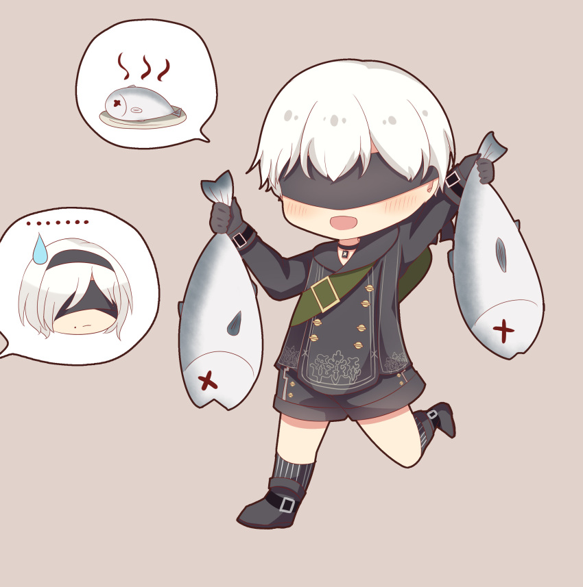 ... 1boy 1girl :d absurdres animal bangs black_footwear black_gloves black_jacket black_legwear black_shorts blindfold blush boots brown_background closed_mouth gloves highres holding holding_animal holding_fish jacket ju_(a793391187) kneehighs long_sleeves nier_(series) nier_automata no_mole open_mouth short_shorts shorts simple_background smile spoken_ellipsis standing standing_on_one_leg striped striped_legwear sweatdrop vertical-striped_legwear vertical_stripes white_hair x_x yorha_no._2_type_b yorha_no._9_type_s