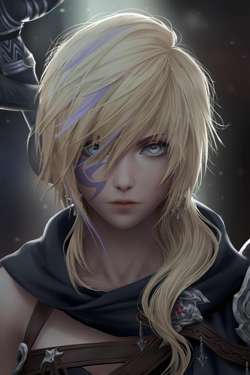 1girl absurdres artist_name blonde_hair chuby_mi dragoon_(final_fantasy) earrings facial_tattoo final_fantasy final_fantasy_xiv hair_over_one_eye hair_over_shoulder heterochromia highres hyur jewelry lips long_hair looking_at_viewer multicolored_hair portrait realistic revision solo tattoo two-tone_hair