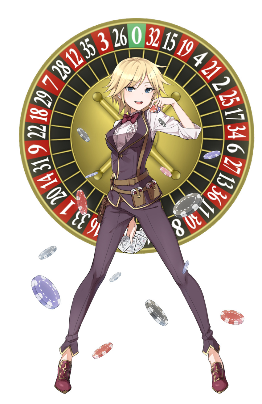 1girl :d belt_pouch black_pants blonde_hair blue_eyes bow bowtie card dizzy_durand full_body hand_up highres holding holding_card looking_at_viewer official_art open_mouth pants playing_card poker_chip princess_principal princess_principal_game_of_mission roulette short_hair smile solo standing transparent_background
