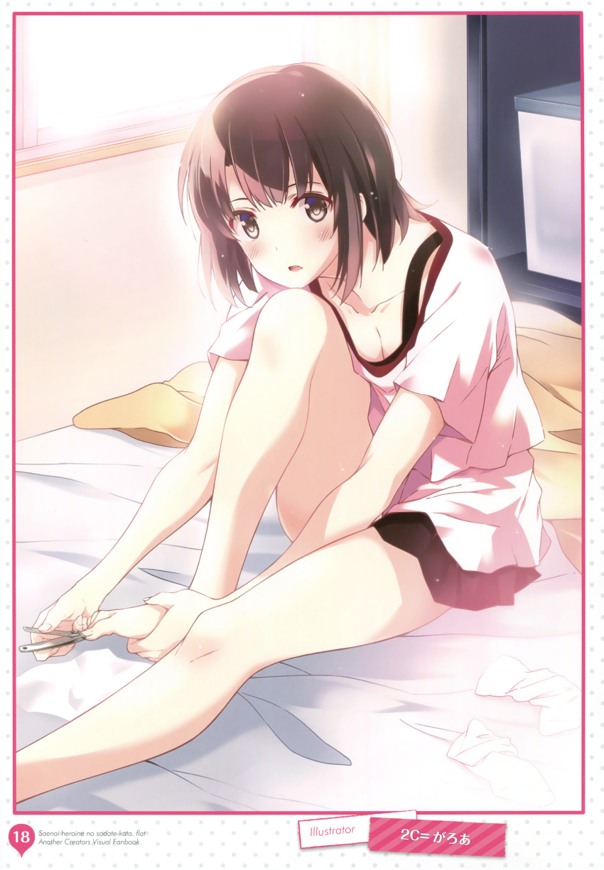 1girl 2c=galore absurdres artist_name barefoot blush breasts brown_eyes brown_hair casual cleavage clipping_nails collarbone d: highres holding_own_foot katou_megumi medium_breasts nail_clippers open_mouth page_number saenai_heroine_no_sodatekata scan shirt sitting socks_removed toes white_legwear white_shirt window