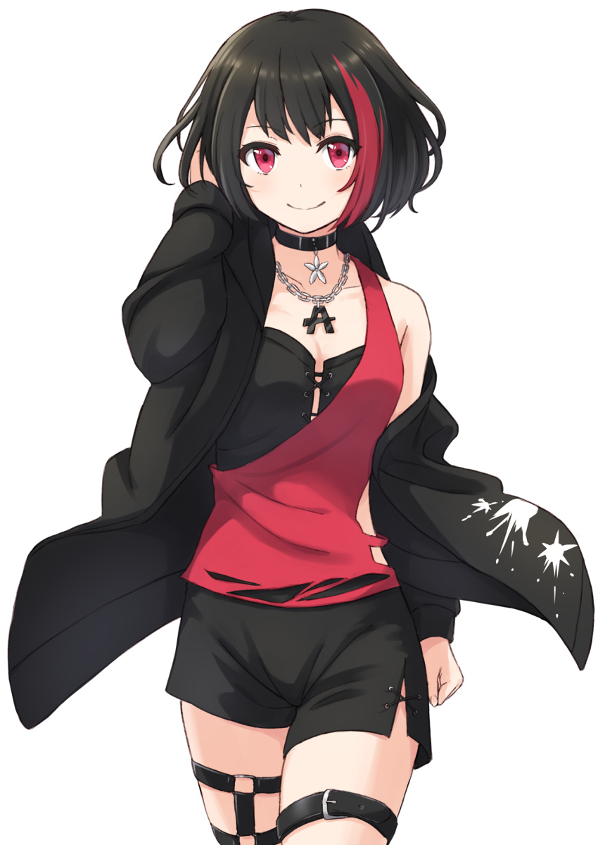 1girl arm_at_side asymmetrical_clothes bang_dream! bangs black_choker black_hair black_jacket black_shorts blush buckle chain_necklace choker collarbone cowboy_shot eyebrows_visible_through_hair eyeliner hand_in_hair hand_up highres jacket jewelry long_sleeves looking_at_viewer makeup mitake_ran off_shoulder open_clothes open_jacket pendant pink_eyes redhead short_hair shorts side_slit simple_background single_bare_shoulder solo standing tareme thigh_strap tsukiman white_background