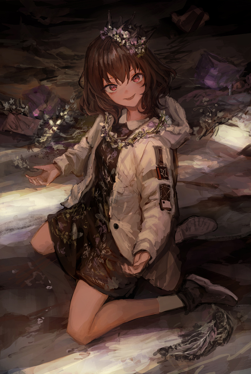 1girl brown_eyes brown_hair crown dress flower flower_necklace highres jacket jewelry kneeling lm7_(op-center) looking_at_viewer necklace open_clothes open_jacket open_mouth original short_hair solo