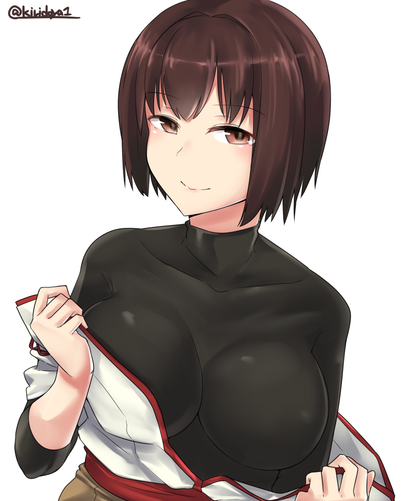 1girl absurdres breasts brown_eyes brown_hair brown_skirt highres hyuuga_(kantai_collection) japanese_clothes kantai_collection kiritto large_breasts nontraditional_miko short_hair simple_background skin_tight skirt smile solo twitter_username white_background