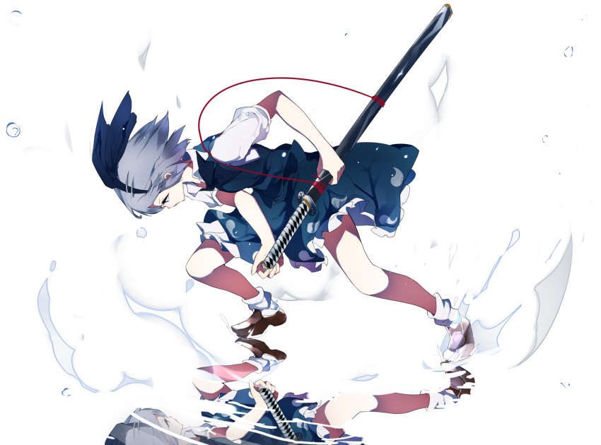 1girl bent_elbow bent_knees blue_eyes brown_footwear commentary_request grey_hair highres hitodama holding holding_sword holding_weapon ikurauni konpaku_youmu looking_down multicolored multicolored_clothes reflection short_hair short_sleeves solo sword touhou weapon white_background white_legwear white_skin