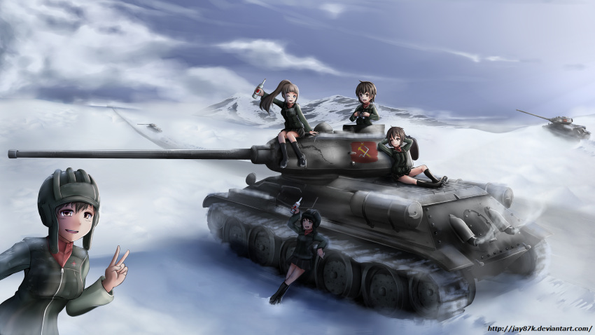 5girls absurdres arm_support arm_up arms_behind_head bangs binoculars black_footwear black_skirt black_vest blunt_bangs boots bottle clouds cloudy_sky commentary day driving emblem exhaust extra girls_und_panzer green_jacket ground_vehicle helmet highres holding jacket jay87k leaning_back long_hair long_sleeves looking_at_another looking_at_viewer military military_uniform military_vehicle miniskirt motor_vehicle mountain multiple_girls one_eye_closed open_mouth outdoors pleated_skirt ponytail pravda_(emblem) pravda_military_uniform red_shirt shirt short_hair sitting skirt sky smile smoke snow standing t-34 tank turtleneck uniform v vest wallpaper watermark web_address