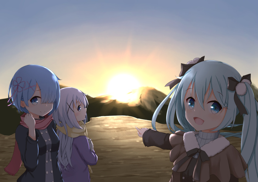 3girls :d :o absurdres angora_rabbit animal aoi_thomas bangs black_bow black_jacket blue_eyes blue_hair blush bow breasts brown_capelet brown_vest capelet closed_mouth commentary_request crossover enpera eyebrows_visible_through_hair fringe fur_collar gochuumon_wa_usagi_desu_ka? hair_between_eyes hair_bow hair_ornament hair_over_one_eye hand_up hatsune_miku highres jacket kafuu_chino long_hair long_sleeves looking_at_viewer looking_back medium_breasts multiple_crossover multiple_girls open_mouth outdoors outstretched_arm parted_lips pointing pom_pom_(clothes) purple_jacket rabbit re:zero_kara_hajimeru_isekai_seikatsu red_scarf ribbed_sweater scarf short_hair sky smile sun sunrise sweater tippy_(gochiusa) twintails very_long_hair vest vocaloid white_sweater x_hair_ornament yellow_scarf