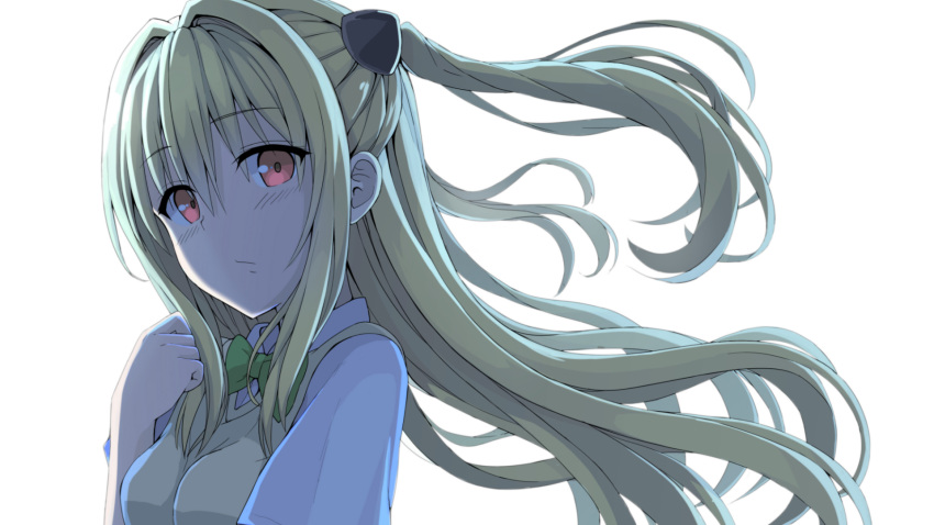 1girl bangs blonde_hair blush bow bowtie closed_mouth collared_shirt commentary_request eyebrows_visible_through_hair green_neckwear hair_between_eyes hair_ornament highres kaieee konjiki_no_yami long_hair looking_at_viewer looking_to_the_side red_eyes shirt short_sleeves simple_background solo sweater_vest to_love-ru to_love-ru_darkness two_side_up very_long_hair white_background white_shirt