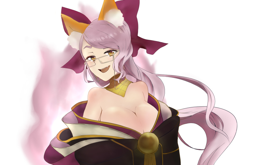 1girl animal_ears bow breasts choker cleavage cosplay fang fate/grand_order fate_(series) fox_ears fox_tail glasses hair_bow hair_ribbon highres koyanskaya large_breasts long_hair looking_at_viewer off_shoulder open_mouth pink_hair ribbon solo tail tamamo_(fate)_(all) tamamo_no_mae_(fate) tamamo_no_mae_(fate)_(cosplay) very_long_hair yellow_eyes