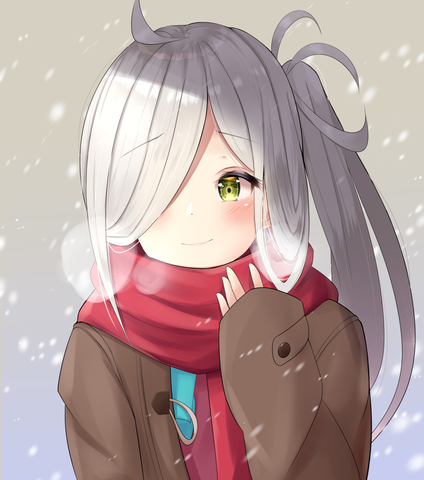 1girl absurdres ahoge asashimo_(kantai_collection) blue_neckwear blush breath brown_coat coat commentary duffel_coat eyebrows_visible_through_hair gradient gradient_background hair_over_one_eye hand_up highres kantai_collection long_hair long_sleeves looking_to_the_side nari_(narikashi) red_scarf scarf side_ponytail silver_hair sleeves_past_wrists smile snowing solo upper_body yellow_eyes
