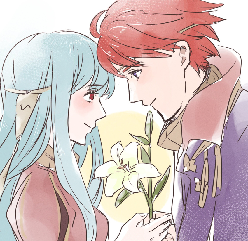 1boy 1girl bare_shoulders blue_eyes blue_hair cape couple dress eliwood_(fire_emblem) fire_emblem fire_emblem:_rekka_no_ken fire_emblem_heroes flower hair_ornament highres hoshigaki_(hsa16g) long_hair mamkute ninian red_eyes redhead short_hair smile