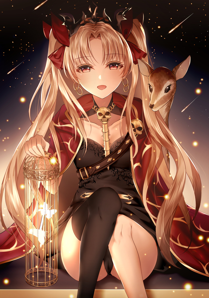 1girl :d absurdres animal bangs blonde_hair bow breasts collarbone earrings ereshkigal_(fate/grand_order) eyebrows_visible_through_hair fate/grand_order fate_(series) full_moon hair_bow highres holding jewelry junpaku_karen long_hair looking_at_viewer moon night night_sky open_mouth outdoors red_bow red_eyes single_thighhigh skull sky smile solo star_(sky) starry_sky thigh-highs tohsaka_rin two_side_up very_long_hair