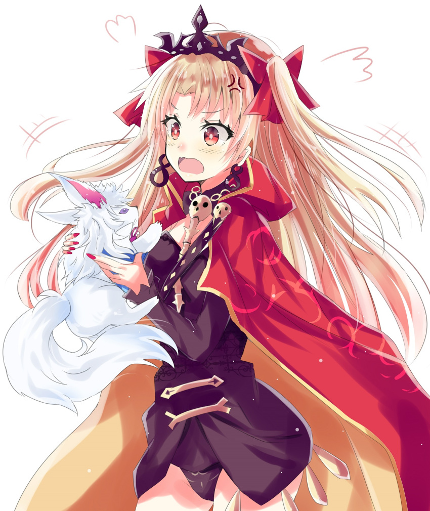 1girl anger_vein animal bangs blonde_hair cape earrings ereshkigal_(fate/grand_order) fate_(series) fou_(fate/grand_order) hair_ribbon highres hizaka holding holding_animal jewelry long_hair multicolored multicolored_cape multicolored_clothes necklace parted_bangs red_cape red_eyes red_ribbon ribbon simple_background skull two_side_up white_background yellow_cape