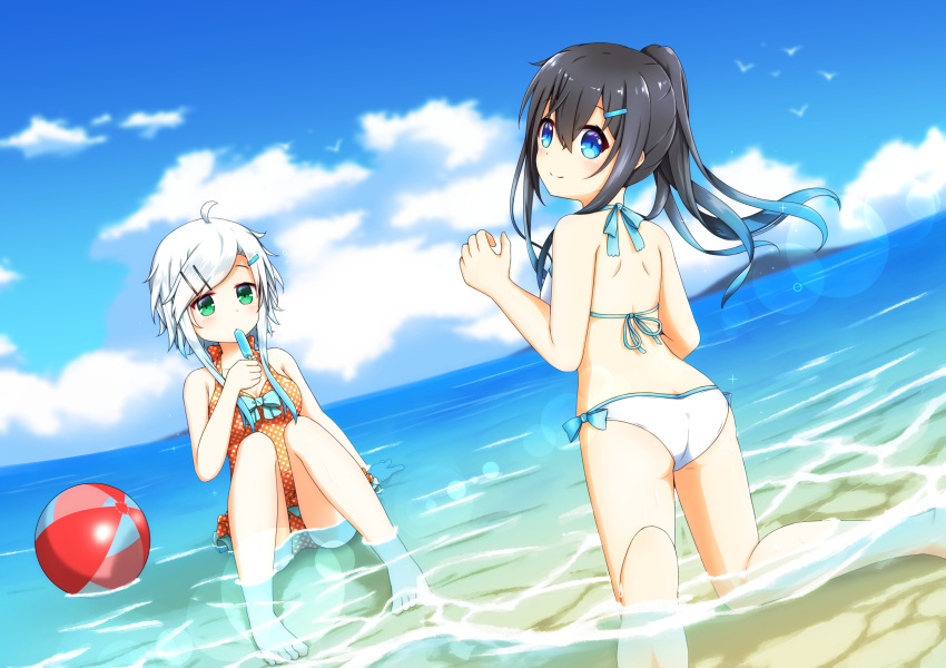 2girls aoi_thomas ball bangs bare_arms bare_legs bare_shoulders barefoot beachball bikini bird black_hair blue_eyes blue_hair blue_sky blush breasts casual_one-piece_swimsuit closed_mouth clouds commentary_request day dutch_angle eyebrows_visible_through_hair food gradient_hair green_eyes hair_between_eyes hair_ornament hairclip high_ponytail highres holding holding_food horizon kneeling long_hair looking_at_viewer looking_back medium_breasts multicolored_hair multiple_girls ocean one-piece_swimsuit orange_swimsuit original outdoors polka_dot polka_dot_swimsuit ponytail popsicle shoulder_blades sidelocks silver_hair sitting sky smile swept_bangs swimsuit swimsuit_skirt water white_bikini