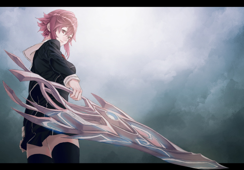 1girl black_legwear chaos;child closed_mouth clouds cloudy_sky day dusk holding holding_sword holding_weapon mstm onoe_serika pink_eyes pink_hair school_uniform short_hair_with_long_locks sidelocks sky solo sword weapon