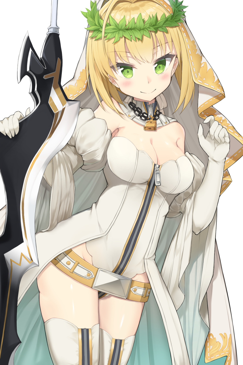 1girl aestus_estus ahoge applepie_(12711019) bangs bare_shoulders beltskirt blonde_hair blush breasts bridal_veil chains cleavage cowboy_shot detached_collar elbow_gloves eyebrows_visible_through_hair eyelashes fate/extra fate_(series) full-length_zipper gloves green_eyes hair_intakes head_wreath highres holding holding_sword holding_weapon leotard lock looking_at_viewer medium_breasts nero_claudius_(bride)_(fate) nero_claudius_(fate)_(all) padlock short_hair solo standing strapless strapless_leotard sword thigh-highs veil waist_cape weapon white_gloves white_legwear white_leotard wreath zipper zipper_pull_tab