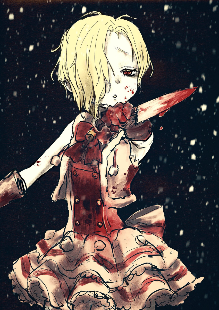 1girl bell blonde_hair blood blood_on_face blood_stain bloody_clothes bloody_knife bow commentary cowboy_shot cropped_jacket ear_piercing frilled_skirt frills gloves hair_over_one_eye highres holding holding_knife idolmaster idolmaster_cinderella_girls idolmaster_cinderella_girls_starlight_stage kitchen_knife knife night nrp_(pesu) pale_skin parted_lips piercing pom_pom_(clothes) present_of_snow red_bow red_eyes red_gloves shirasaka_koume short_hair skirt sleeveless_jacket snowing solo