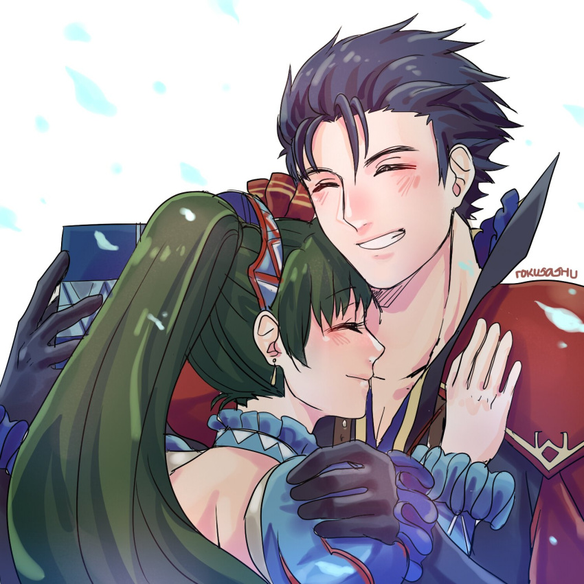 1boy 1girl artist_request blue_hair blush dress fire_emblem fire_emblem:_rekka_no_ken fire_emblem_heroes gloves green_hair hector_(fire_emblem) highres hug long_hair lyndis_(fire_emblem) open_mouth ponytail short_hair smile