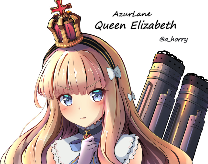 1girl amagami_(makise_tsubaki) azur_lane blue_eyes character_name crown gloves hairband highres light_brown_hair long_hair looking_at_viewer machinery mini_crown queen_elizabeth_(azur_lane) simple_background solo white_gloves