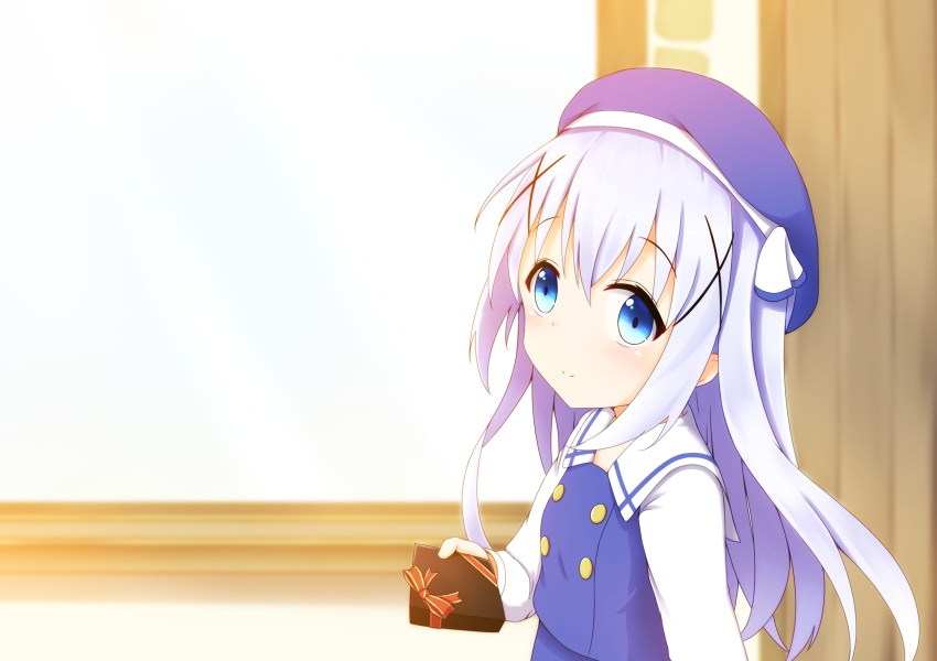 1girl aoi_thomas bangs beret blue_eyes blue_hair blue_hat blue_skirt blue_vest blurry blurry_background blush box closed_mouth commentary_request depth_of_field eyebrows_visible_through_hair gift gift_box gochuumon_wa_usagi_desu_ka? hair_between_eyes hair_ornament hat highres holding holding_gift indoors kafuu_chino kafuu_chino's_school_uniform long_hair looking_at_viewer looking_to_the_side school_uniform shirt sidelocks skirt smile solo valentine very_long_hair vest white_shirt x_hair_ornament