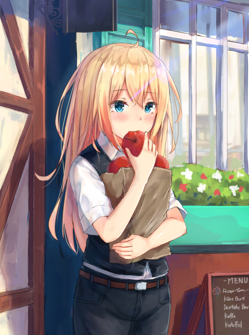 1girl ahoge apple blonde_hair blue_eyes carrying chalkboard commentary_request eating food fruit highres karo-chan long_hair looking_at_viewer menu original pants solo