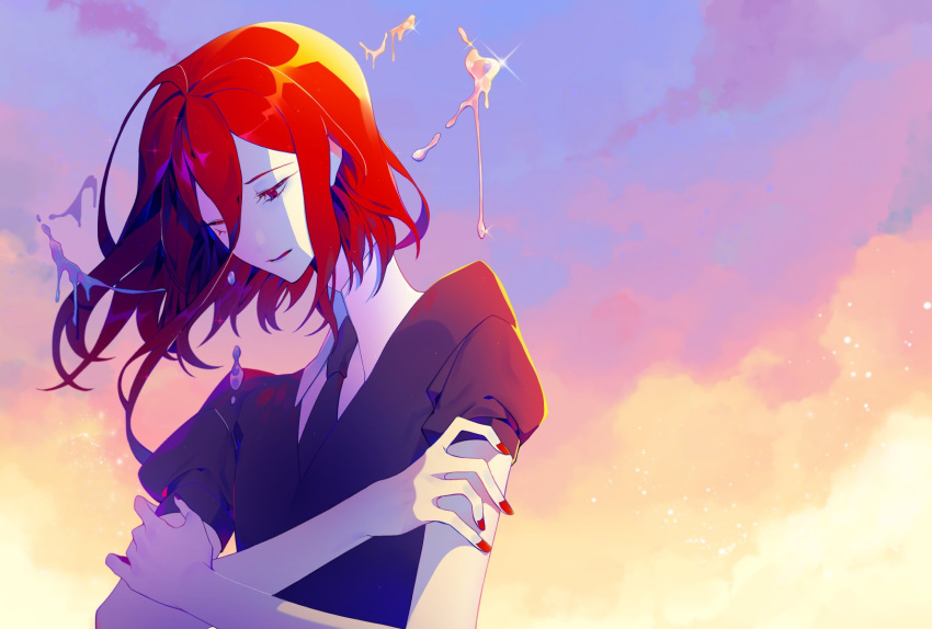 ahoge androgynous clouds dohiso dusk gem_uniform_(houseki_no_kuni) hair_between_eyes highres houseki_no_kuni mercury necktie red_eyes redhead shinsha_(houseki_no_kuni) short_hair sky upper_body