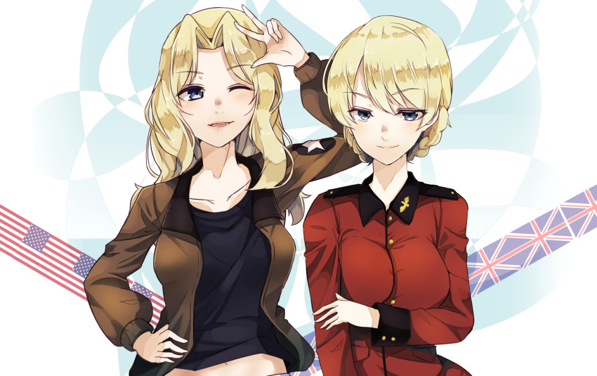 2girls american_flag arm_grab bangs black_shirt blonde_hair blue_eyes braid brown_jacket closed_mouth darjeeling emblem epaulettes eyebrows_visible_through_hair girls_und_panzer hair_intakes hand_on_hip highres jacket kay_(girls_und_panzer) light_smile long_hair long_sleeves looking_at_viewer midriff military military_uniform multiple_girls one_eye_closed parted_lips red_jacket saunders_military_uniform shirt short_hair st._gloriana's_military_uniform standing star tied_hair twin_braids uniform union_jack upper_body yunekoko