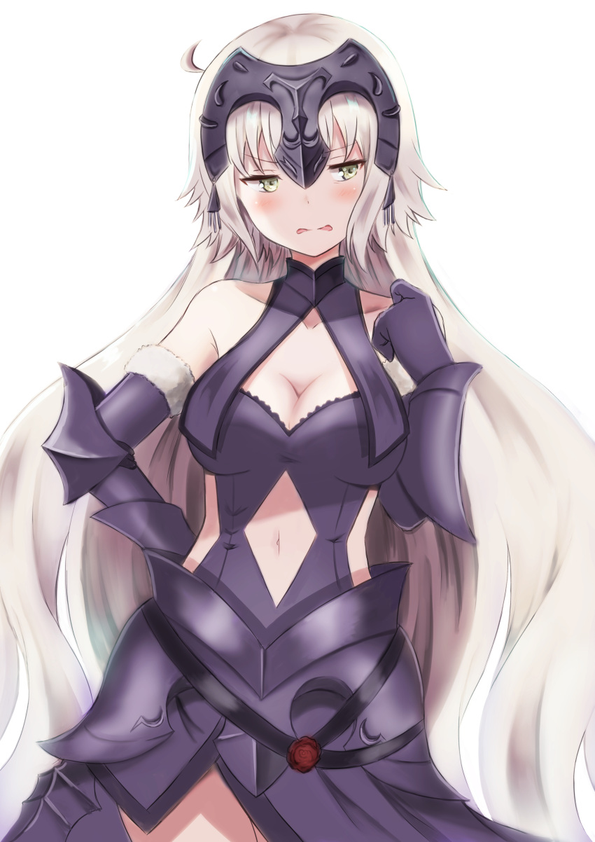 1girl absurdres ahoge blush breasts cleavage commentary_request fate/grand_order fate_(series) gauntlets grey_eyes hairpiece highres jeanne_d'arc_(alter)_(fate) jeanne_d'arc_(fate)_(all) long_hair looking_away navel parted_lips shibakame silver_hair solo wavy_mouth white_background