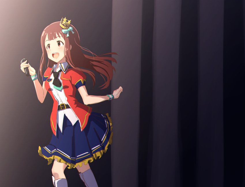 1girl absurdres brown_hair commentary_request crown dress highres idolmaster idolmaster_million_live! idolmaster_million_live!_theater_days long_hair microphone mini_crown open_mouth smile solo tanaka_kotoha wattsu