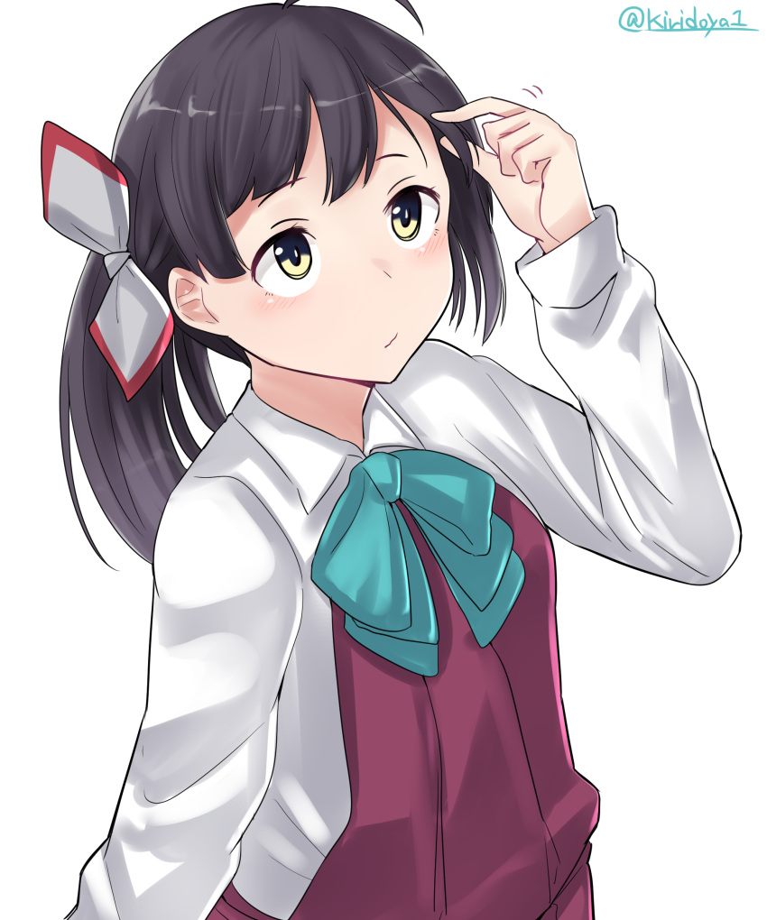 1girl absurdres ahoge arm_at_side arm_up bangs black_eyes black_hair blue_bow blue_neckwear bow bowtie bright_pupils collared_shirt fujinami_(kantai_collection) hair_ribbon highres kantai_collection kiritto long_hair long_sleeves looking_up motion_lines multicolored multicolored_eyes playing_with_own_hair ponytail purple_vest ribbon shirt solo tareme twitter_username upper_body vest white_ribbon white_shirt wing_collar yellow_eyes