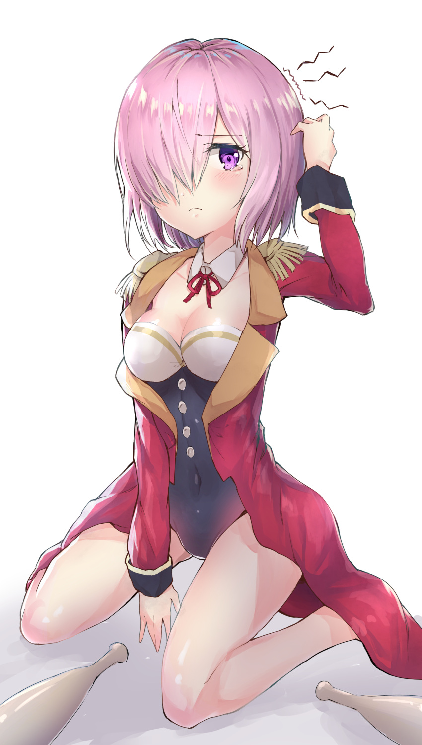 1girl absurdres between_legs breasts choker cleavage collarbone covered_navel eyebrows_visible_through_hair fate/grand_order fate_(series) hair_over_one_eye hand_between_legs hand_in_hair highres kneeling leotard mash_kyrielight medium_breasts muragaki_(sgxx4878) neck_ribbon pink_hair red_ribbon ribbon shiny shiny_skin short_hair simple_background sketch solo tears violet_eyes white_background