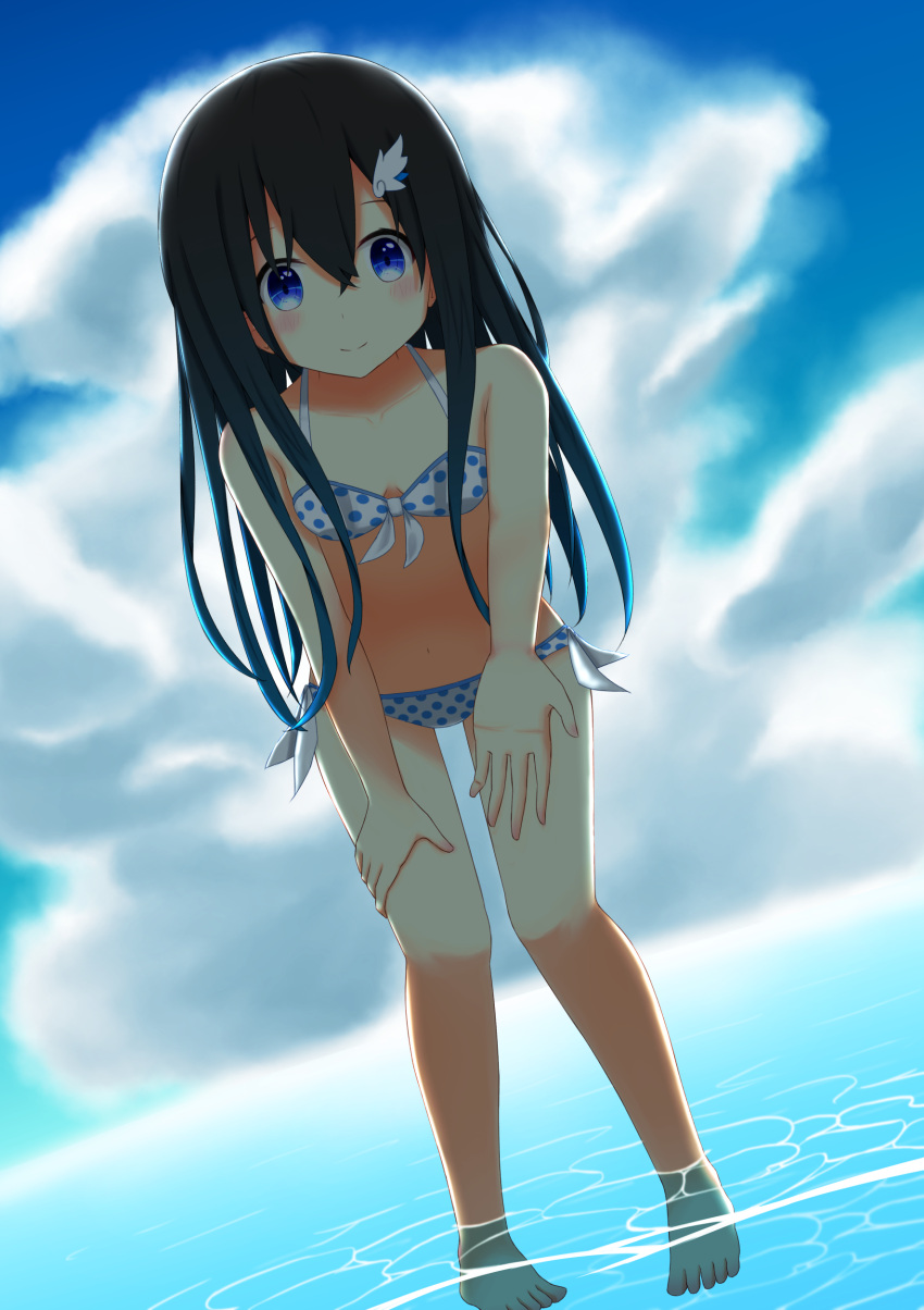 1girl absurdres aoi_thomas bangs bare_arms bare_shoulders bikini black_hair blue_eyes blue_hair blue_sky blush breasts cleavage closed_mouth clouds cloudy_sky collarbone commentary_request day dutch_angle eyebrows_visible_through_hair front-tie_bikini front-tie_top gradient_hair hair_between_eyes hair_ornament highres horizon leaning_forward long_hair multicolored_hair navel ocean original outdoors outstretched_arm pigeon-toed polka_dot polka_dot_bikini sky small_breasts smile solo standing swimsuit very_long_hair wading water white_bikini wing_hair_ornament