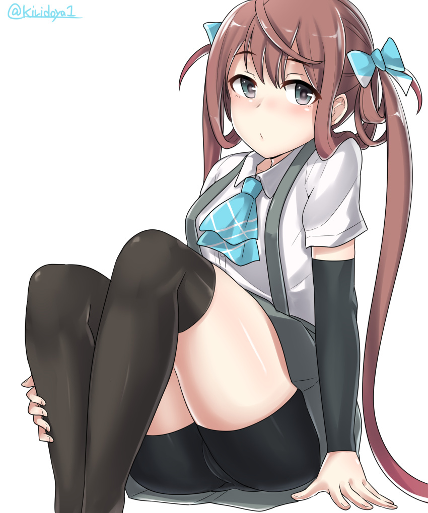 1girl absurdres arm_at_side asagumo_(kantai_collection) ascot bangs bike_shorts black_legwear black_shorts blue_bow blue_neckwear bow brown_hair collared_shirt detached_sleeves eyebrows_visible_through_hair feet feet_out_of_frame grey_skirt hair_bow hair_rings highres kantai_collection kiritto knees_up legs_together long_hair long_sleeves shiny shiny_hair shiny_skin shirt short_sleeves shorts shorts_under_skirt sitting skirt solo suspender_skirt suspenders thigh-highs thighs twintails twitter_username upskirt white_shirt wing_collar