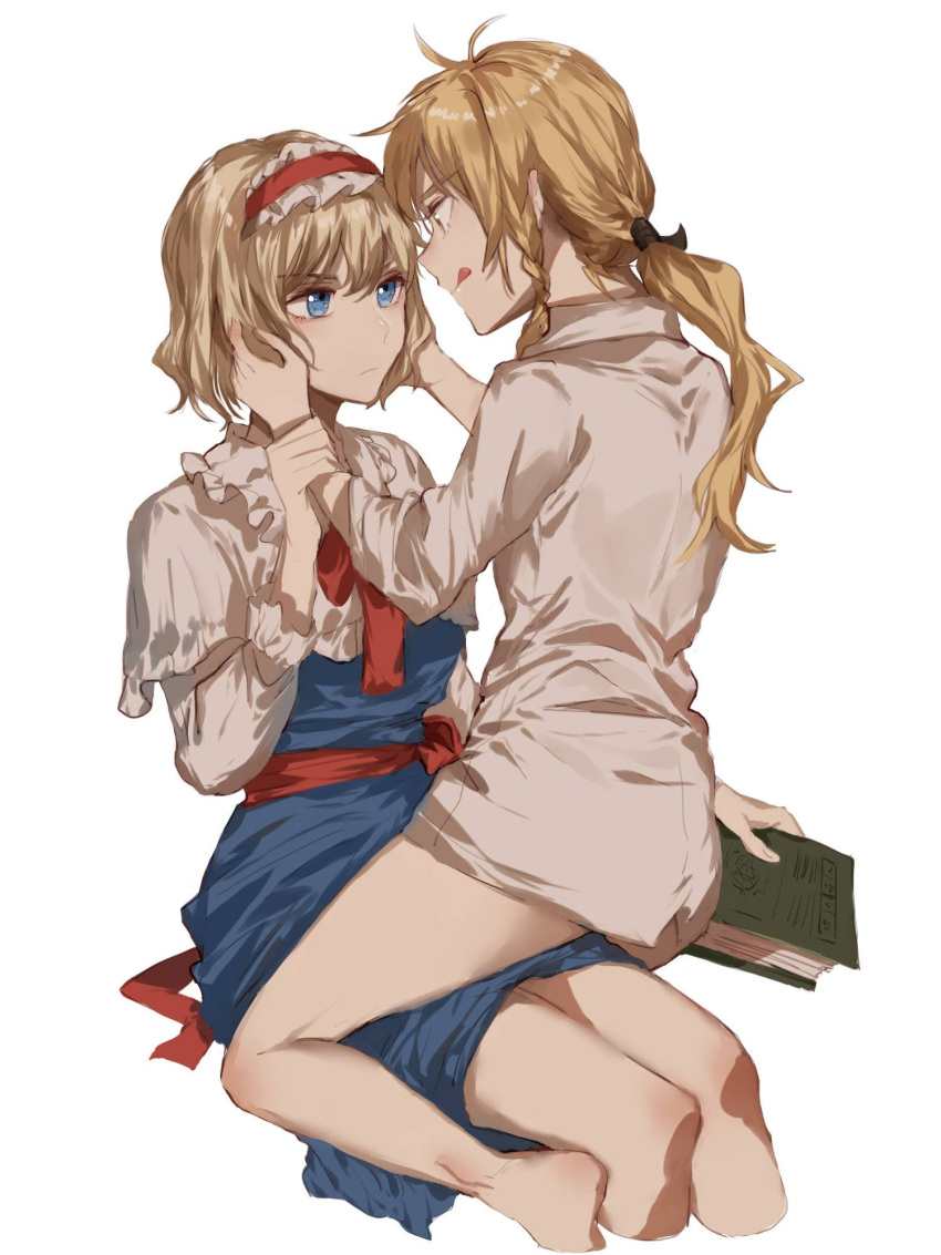 2girls ahoge alice_margatroid alternate_hairstyle blonde_hair blouse blue_eyes book braid capelet dress hairband hands_on_another's_face highres kirisame_marisa long_hair looking_at_another meng_ziya multiple_girls ponytail pout sash shirt short_hair sitting sitting_on_lap sitting_on_person tongue tongue_out touhou yellow_eyes yuri