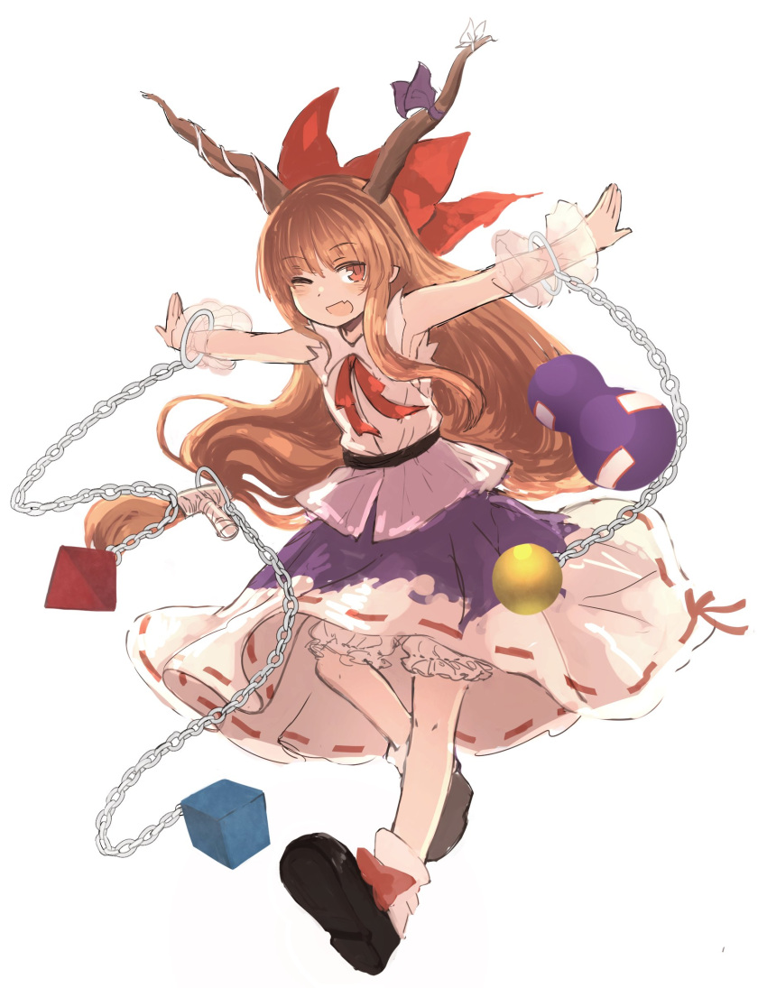 1girl ;d black_footwear bloomers blush bow chains commentary cube eyebrows_visible_through_hair fang full_body gourd hair_bow highres horn_ribbon horns ibuki_suika inazakura00 long_hair one_eye_closed oni_horns open_mouth orange_eyes orange_hair outstretched_arms purple_ribbon red_bow ribbon shirt shoes skirt sleeveless sleeveless_shirt smile socks solo sphere touhou underwear very_long_hair white_bow white_legwear wrist_cuffs