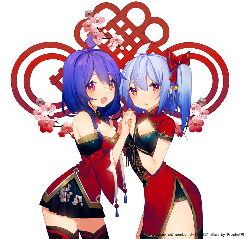 +_+ 2girls ahoge artist_name bare_shoulders bili_girl_22 bili_girl_33 bilibili_douga blue_hair blush bow breasts cleavage eyebrows_visible_through_hair hair_bow hand_holding long_hair looking_at_viewer medium_breasts multiple_girls official_art open_mouth parted_lips pixiv_id prophet_chu red_bow red_eyes short_hair side_ponytail smile