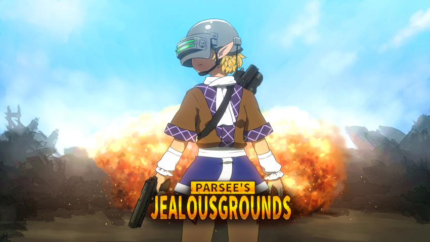 1girl arm_warmers blonde_hair blue_skirt blue_sky breasts brown_shirt character_name commentary_request copyright_name cowboy_shot day explosion goggles gun handgun helmet highres holding holding_gun holding_weapon mizuhashi_parsee outdoors pistol playerunknown's_battlegrounds pointy_ears scarf shirosato shirt short_hair short_sleeves skirt sky small_breasts solo standing title_parody touhou weapon white_scarf