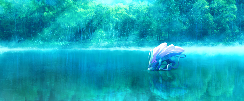 blue_sky brown_eyes commentary_request day drinking fog forest highres lake legendary_pokemon light_rays mane nature no_humans outdoors pokemon pokemon_(creature) pokemon_(game) pokemon_gsc reflection ribero scenery sky solo standing suicune sunlight tail tree