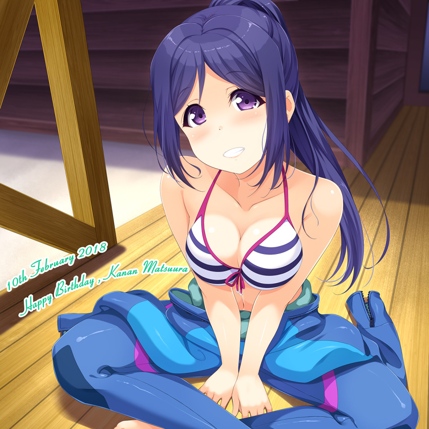 1girl bikini bikini_top blue_bodysuit blue_hair bodysuit breasts character_name cleavage dated front-tie_top grin happy_birthday highres hino_minato_(spec.c) indian_style long_hair looking_at_viewer love_live! love_live!_sunshine!! matsuura_kanan medium_breasts open_wetsuit ponytail sitting smile solo striped striped_bikini swimsuit unzipped violet_eyes wetsuit wooden_floor