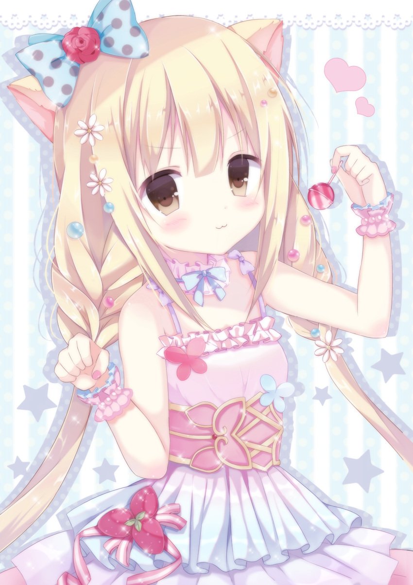1girl :3 absurdres animal_ears bangs bare_shoulders blonde_hair blue_bow blush bow breasts brown_eyes candy cat_ears closed_mouth commentary_request dress eyebrows_visible_through_hair fingernails flower food futaba_anzu hair_between_eyes hair_bow hair_flower hair_ornament heart highres holding holding_lollipop idolmaster idolmaster_cinderella_girls idolmaster_cinderella_girls_starlight_stage kemonomimi_mode lace_border lollipop long_hair looking_at_viewer low_twintails nail_polish pink_dress pink_nails polka_dot polka_dot_bow red_ribbon ribbon saeki_sora sidelocks sleeveless sleeveless_dress small_breasts solo spaghetti_strap star striped twintails vertical-striped_background vertical_stripes very_long_hair white_flower wrist_cuffs