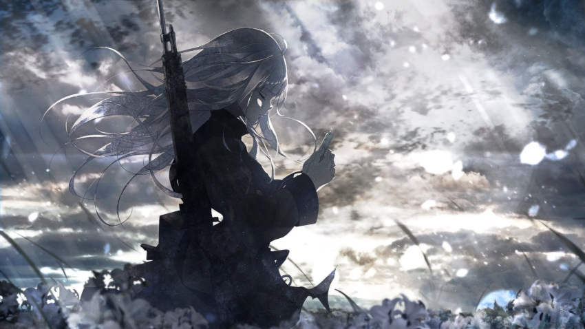 1girl ahoge bangs black_coat c.c.r_(ccrgaoooo) closed_eyes closed_mouth clouds cloudy_sky day eyebrows_visible_through_hair field floating_hair flower flower_field from_side gun highres holding ia_(vocaloid) jewelry light_rays long_sleeves necklace outdoors pendant profile rifle shiny shiny_hair silver_hair sky solo standing sunbeam sunlight two-handed vocaloid vocarock weapon weapon_on_back white_flower wind